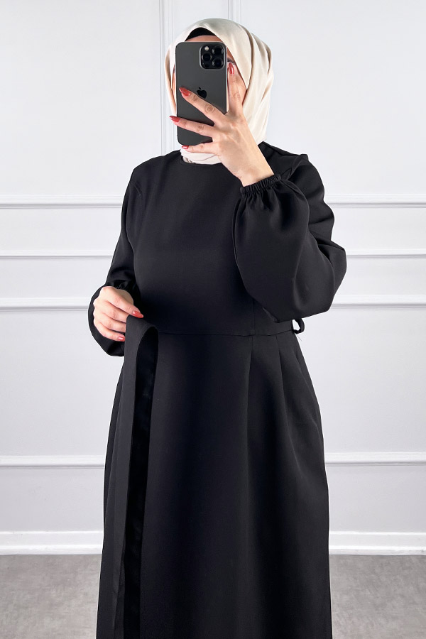 Kuşaklı Double Kumaş Elbise - Siyah