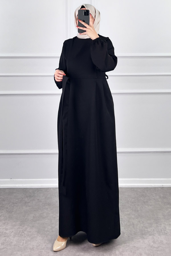 Kuşaklı Double Kumaş Elbise - Siyah