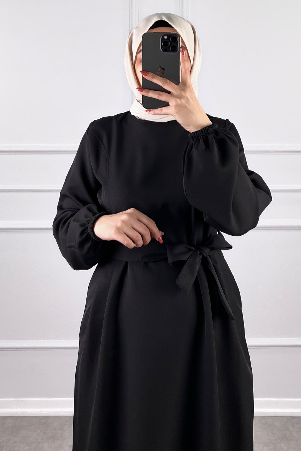 Kuşaklı Double Kumaş Elbise - Siyah