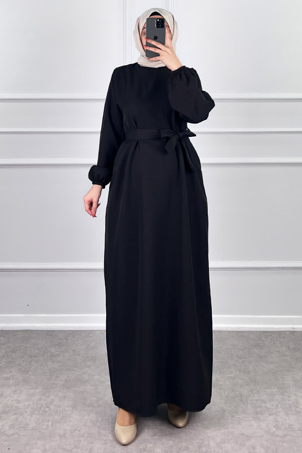 Kuşaklı Double Kumaş Elbise - Siyah