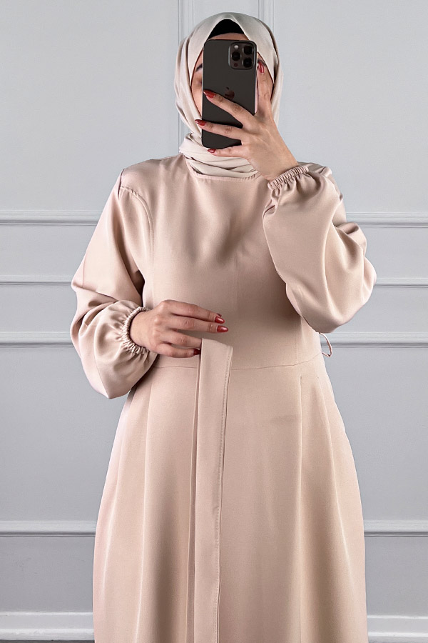 Kuşaklı Double Kumaş Elbise - Taş