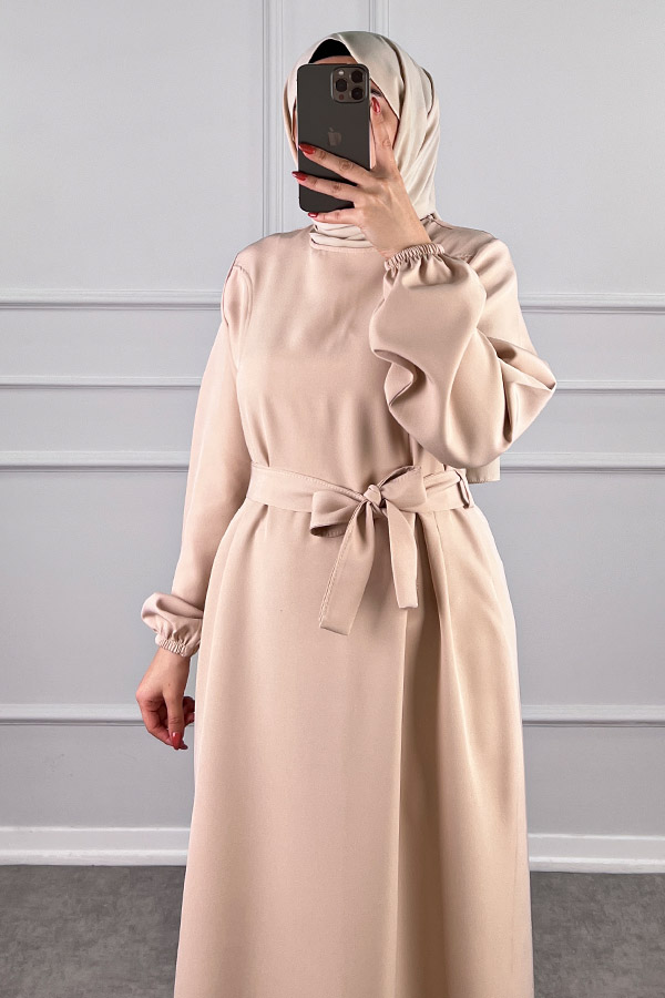 Kuşaklı Double Kumaş Elbise - Taş