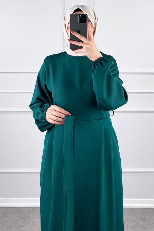 Kuşaklı Double Kumaş Elbise - Zümrüt Yeşili