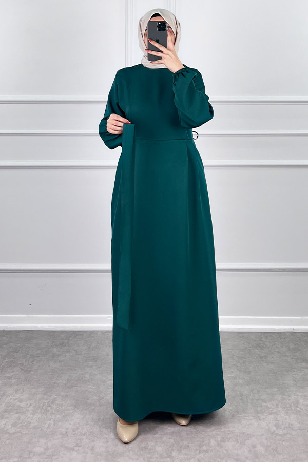 Kuşaklı Double Kumaş Elbise - Zümrüt Yeşili