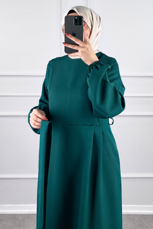 Kuşaklı Double Kumaş Elbise - Zümrüt Yeşili