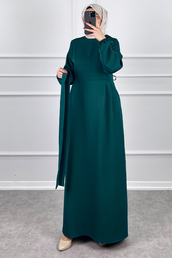 Kuşaklı Double Kumaş Elbise - Zümrüt Yeşili