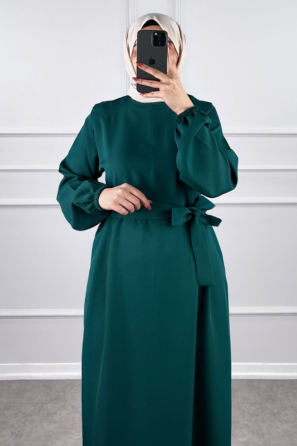 Kuşaklı Double Kumaş Elbise - Zümrüt Yeşili