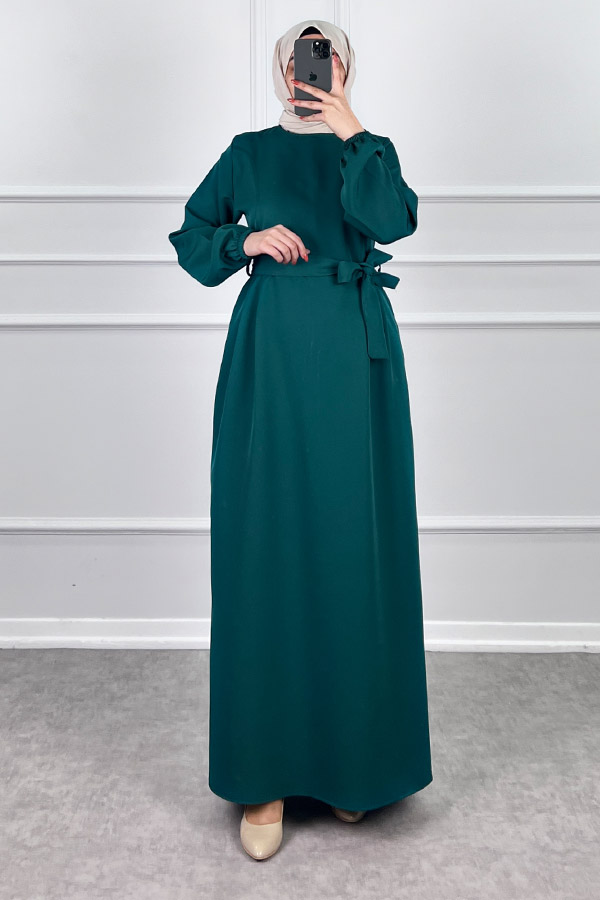 Kuşaklı Double Kumaş Elbise - Zümrüt Yeşili