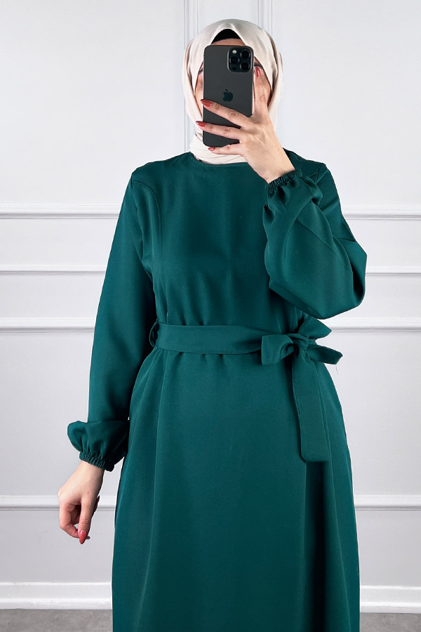 Kuşaklı Double Kumaş Elbise - Zümrüt Yeşili