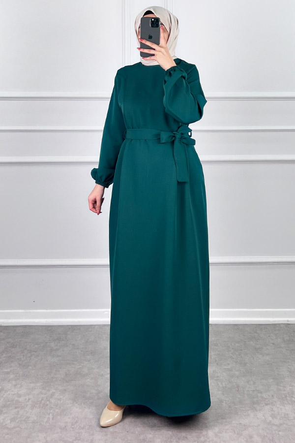 Kuşaklı Double Kumaş Elbise - Zümrüt Yeşili