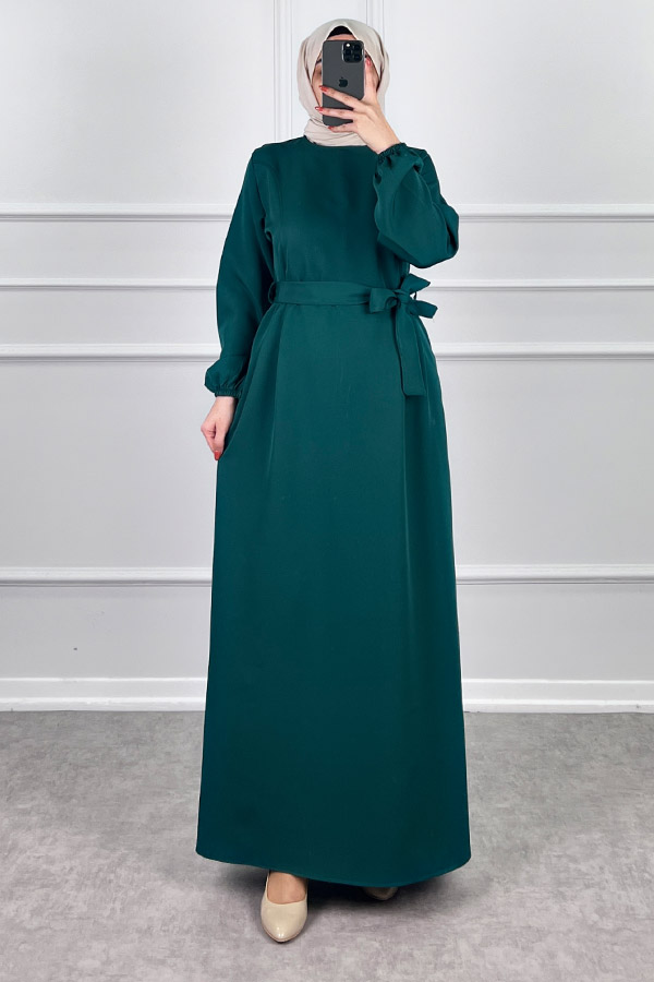 Kuşaklı Double Kumaş Elbise - Zümrüt Yeşili