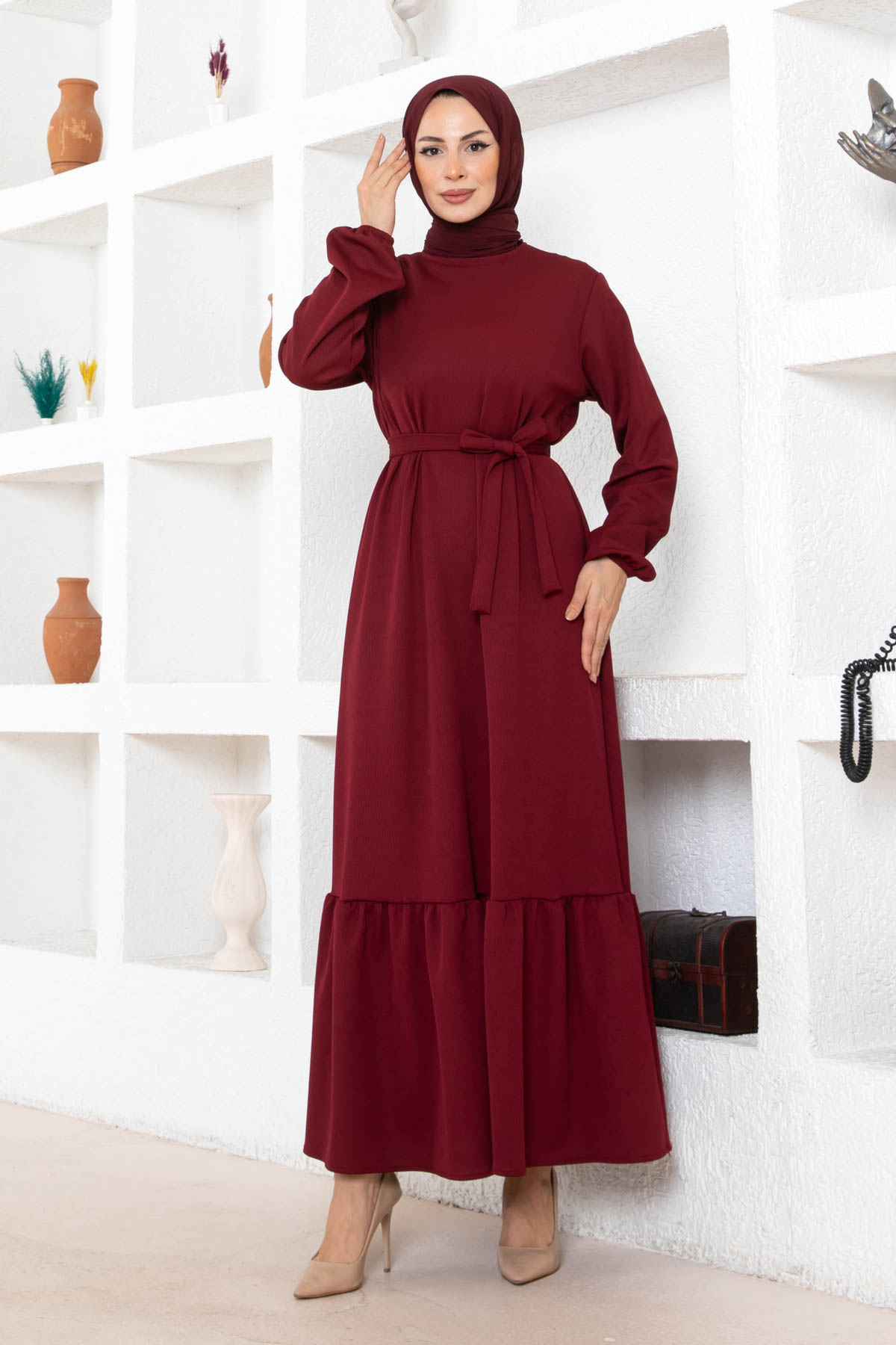 Kuşaklı Piliseli Elbise - Bordo Kuşaklı Piliseli Elbise - Bordo