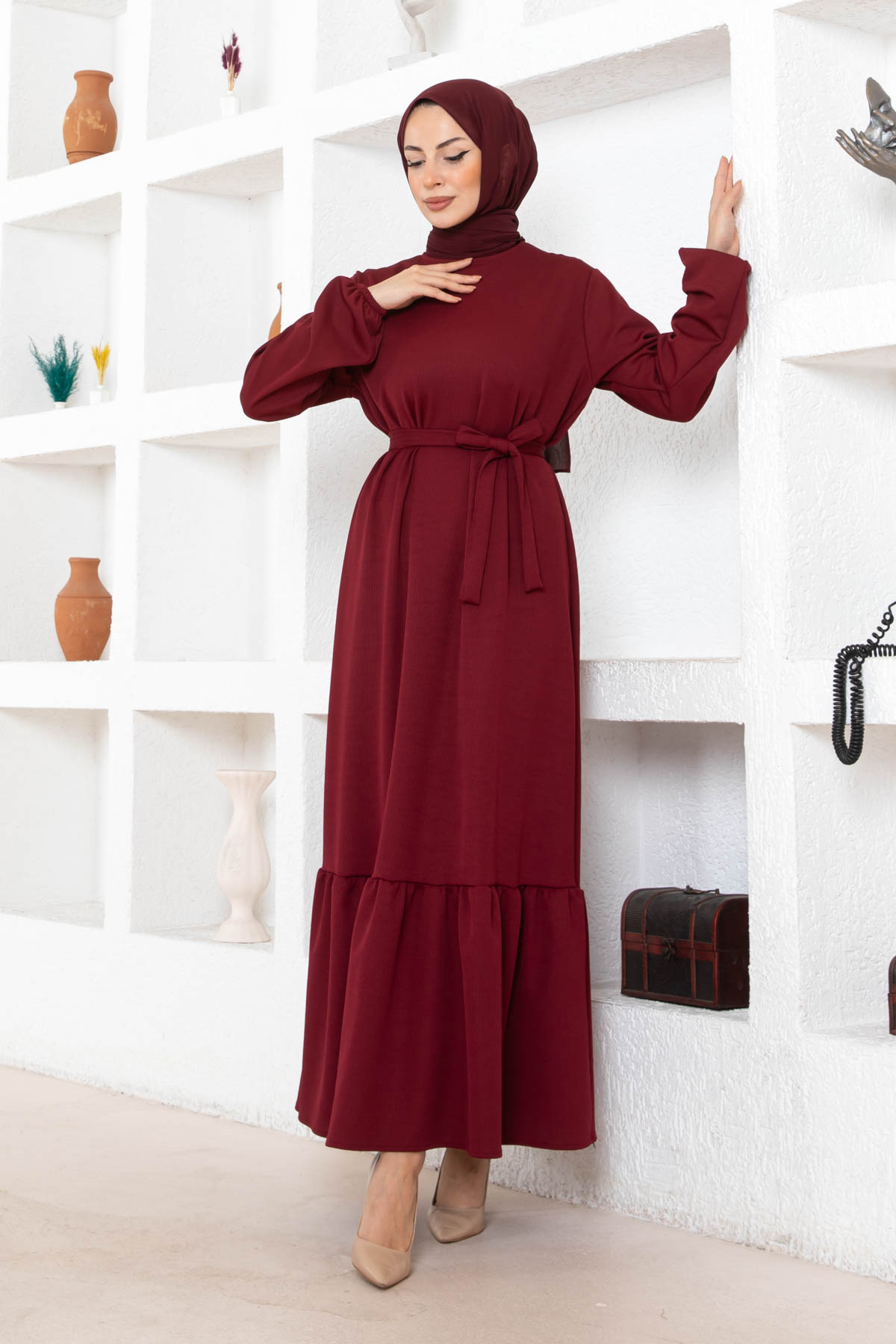 Kuşaklı Piliseli Elbise - Bordo Kuşaklı Piliseli Elbise - Bordo