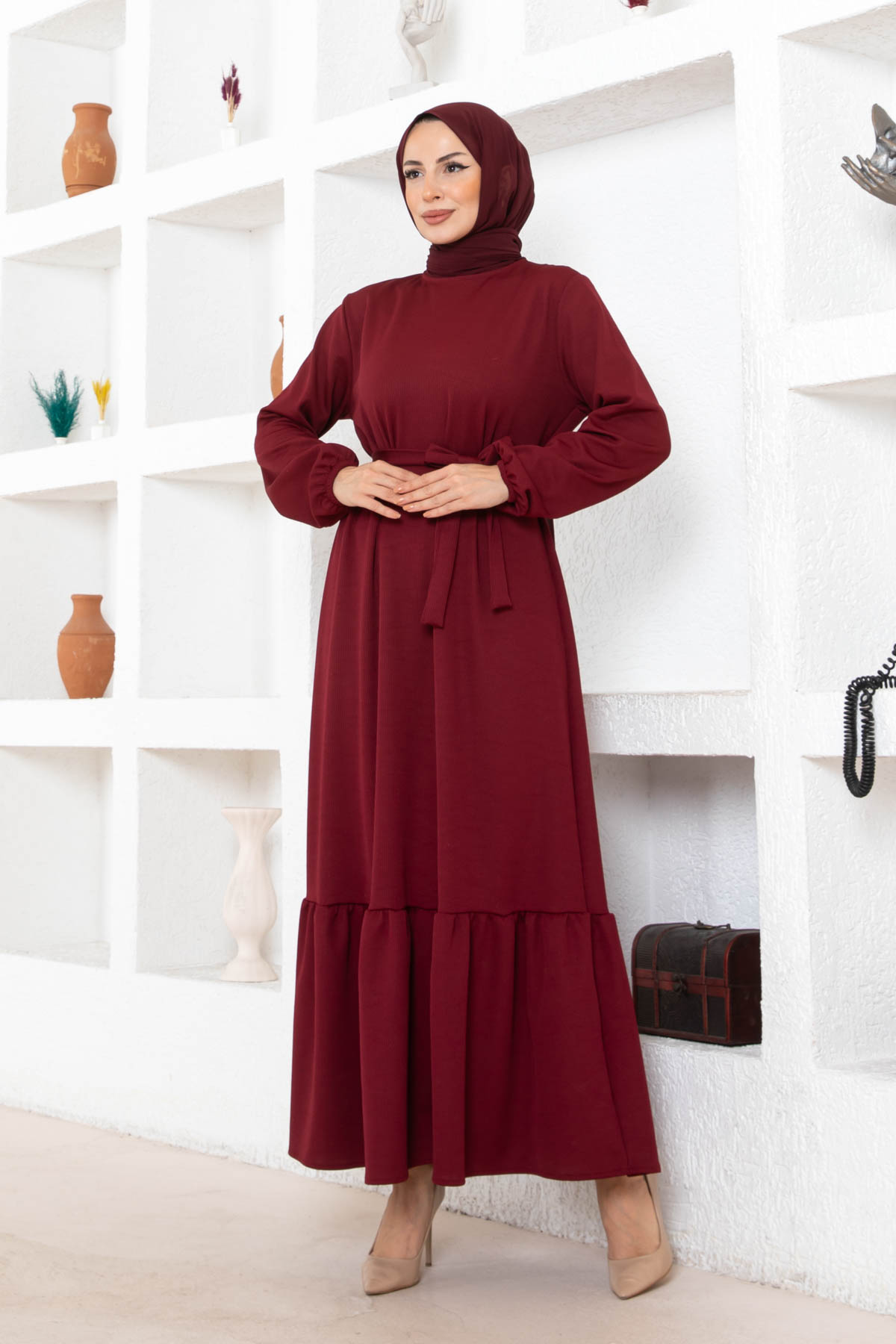 Kuşaklı Piliseli Elbise - Bordo Kuşaklı Piliseli Elbise - Bordo