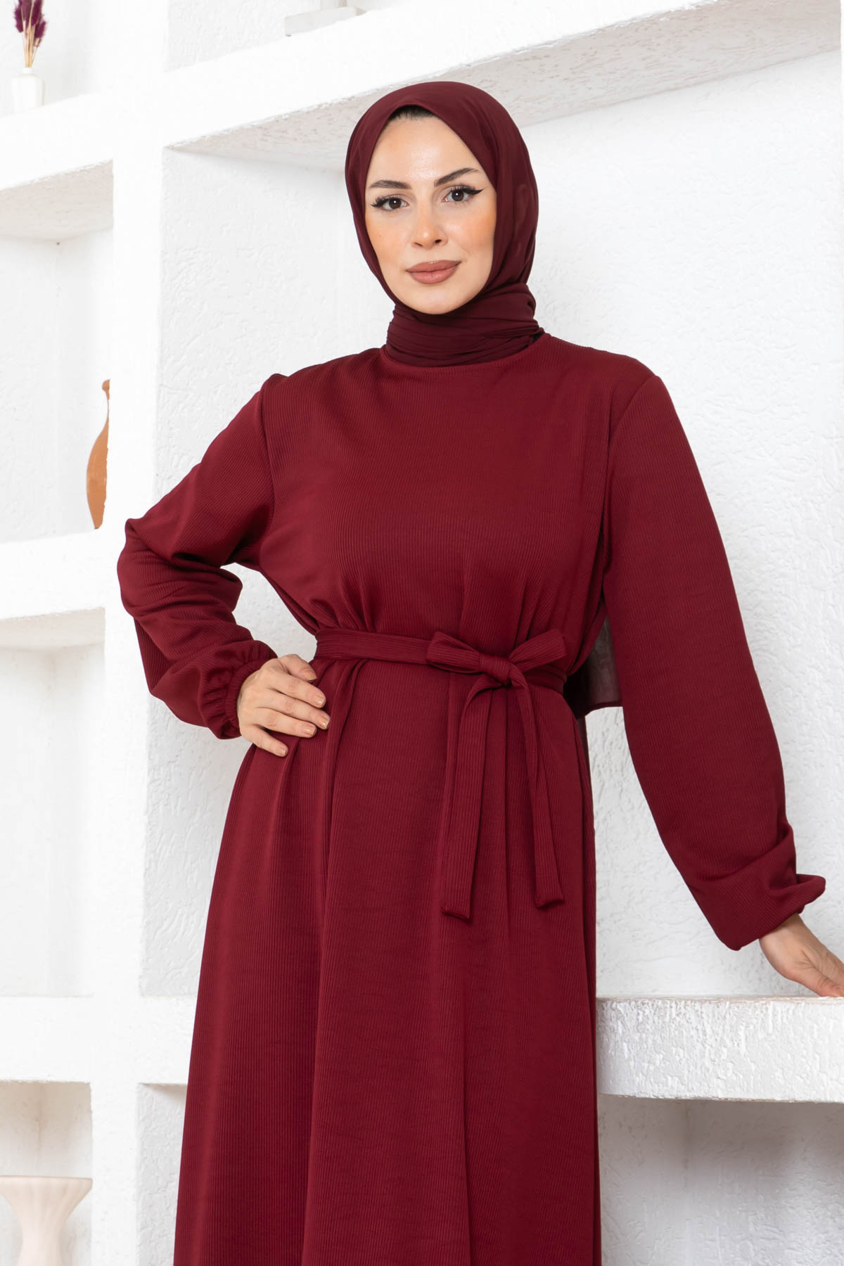 Kuşaklı Piliseli Elbise - Bordo Kuşaklı Piliseli Elbise - Bordo