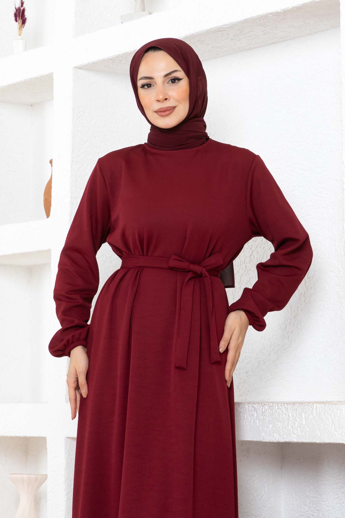 Kuşaklı Piliseli Elbise - Bordo Kuşaklı Piliseli Elbise - Bordo