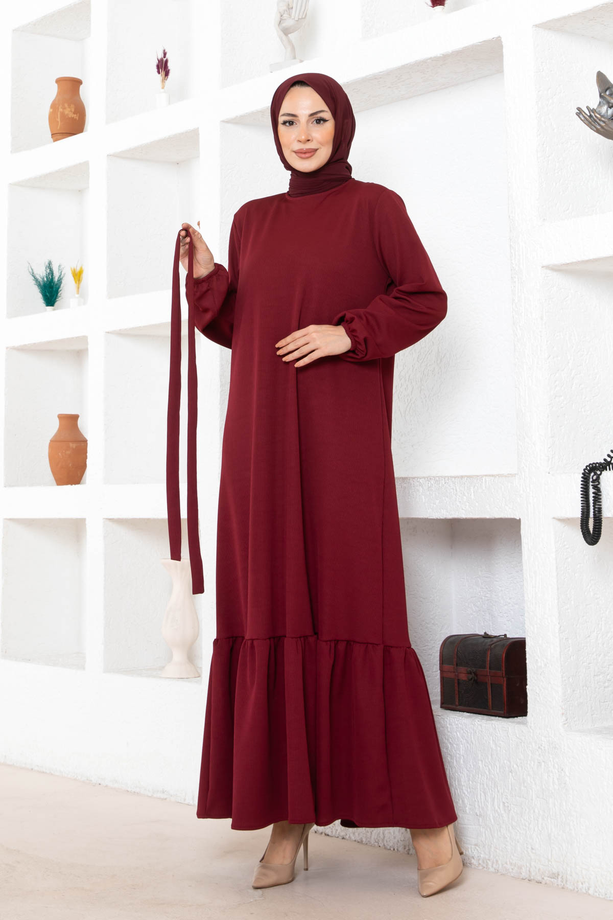 Kuşaklı Piliseli Elbise - Bordo Kuşaklı Piliseli Elbise - Bordo