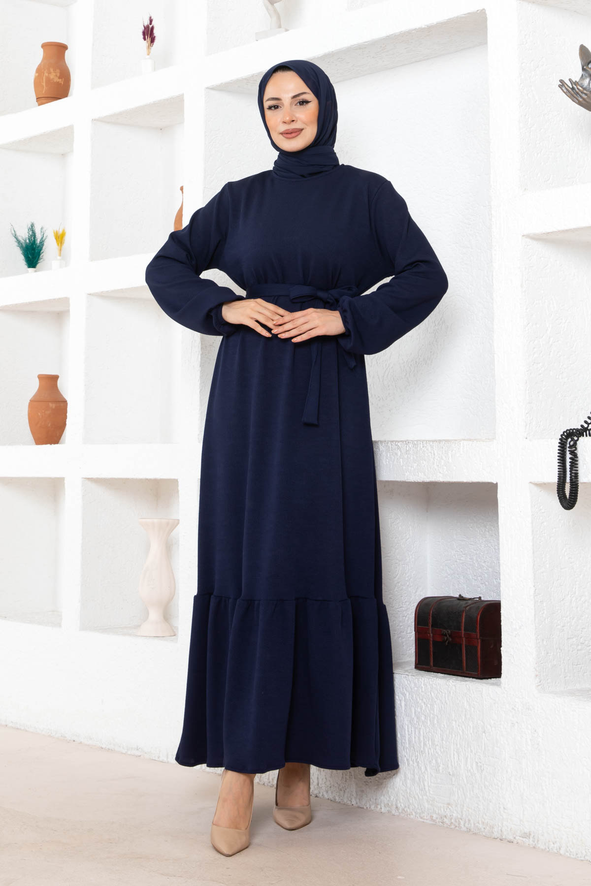 Kuşaklı Piliseli Elbise - Lacivert