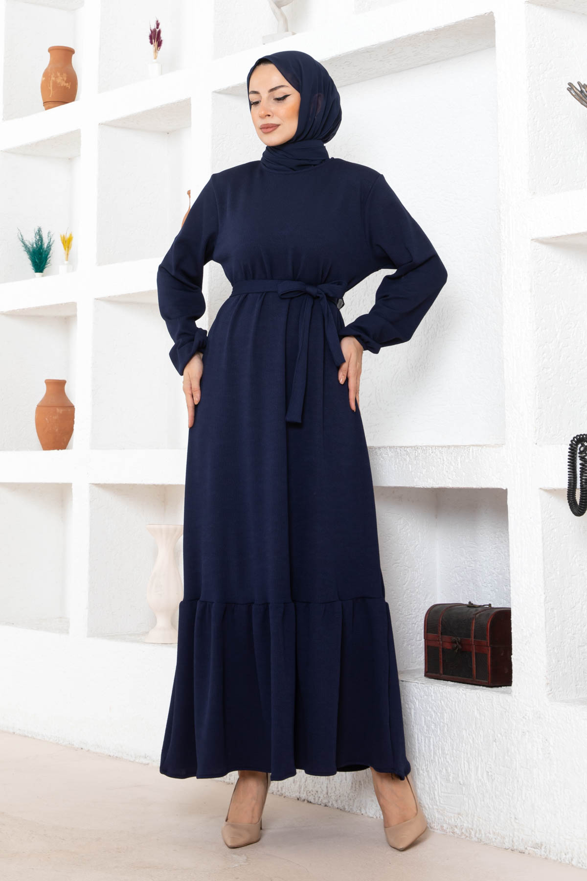 Kuşaklı Piliseli Elbise - Lacivert
