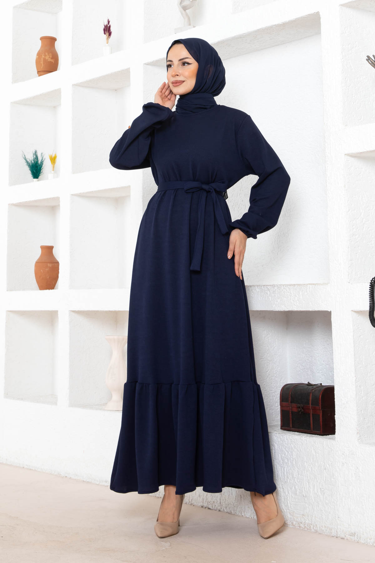 Kuşaklı Piliseli Elbise - Lacivert