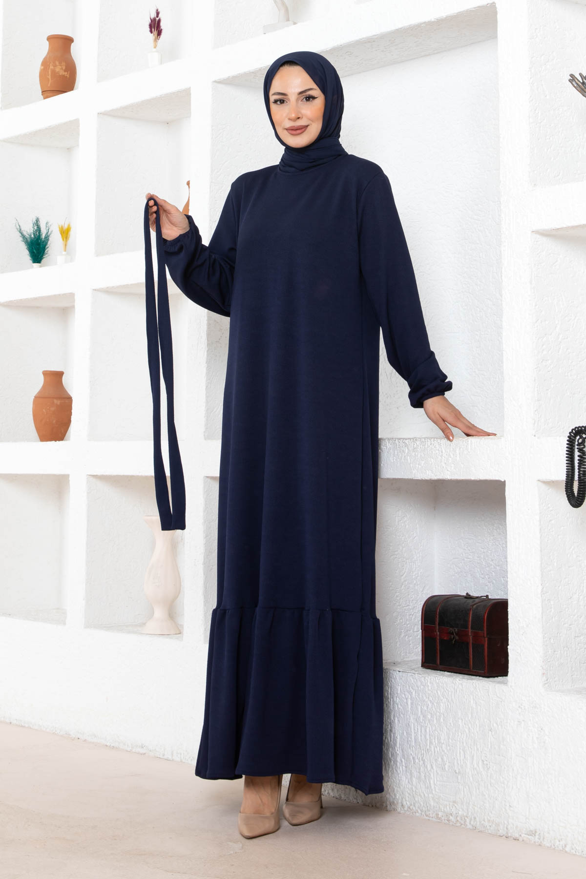 Kuşaklı Piliseli Elbise - Lacivert