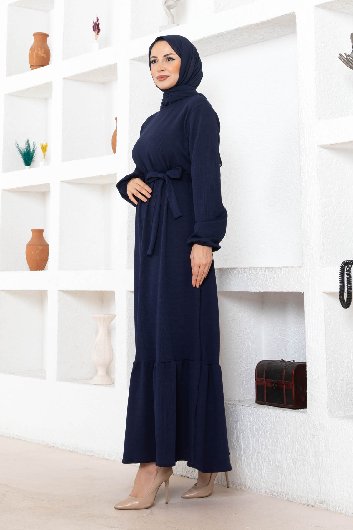 Kuşaklı Piliseli Elbise - Lacivert