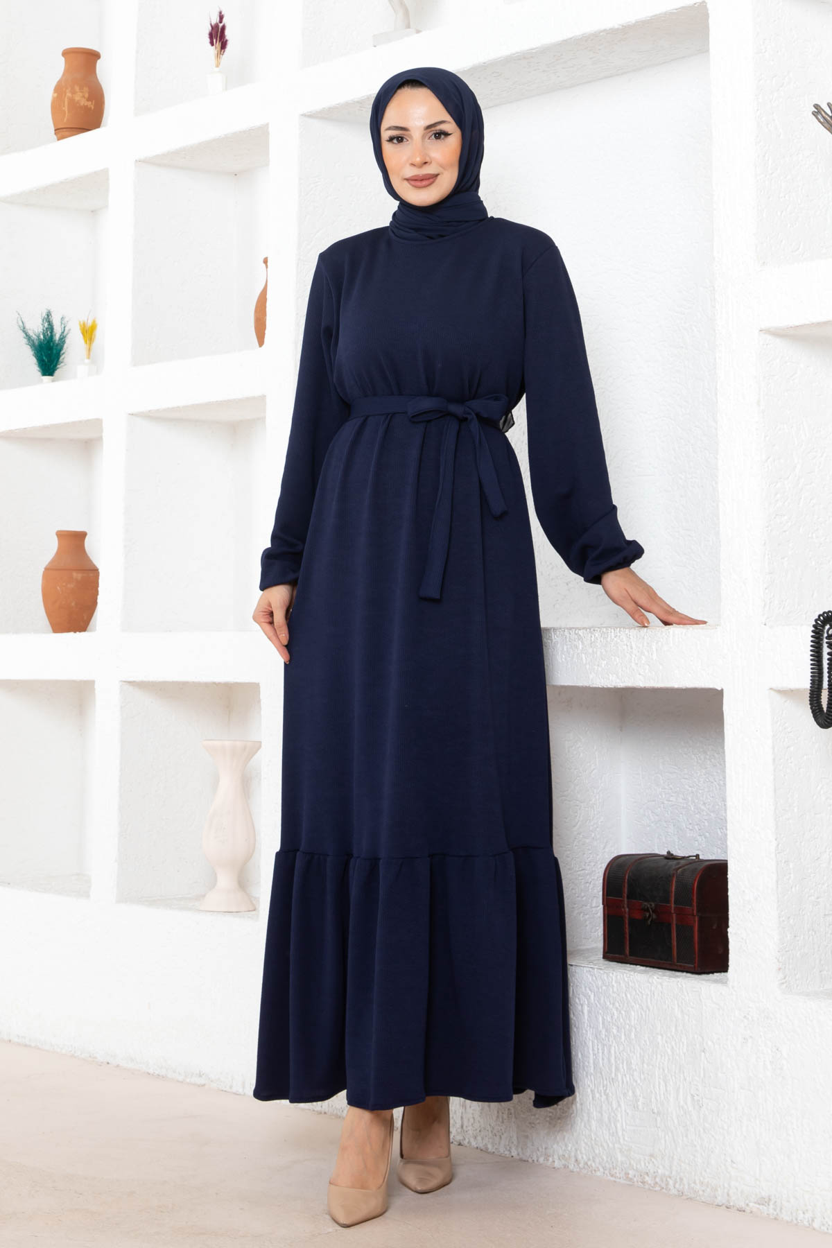 Kuşaklı Piliseli Elbise - Lacivert