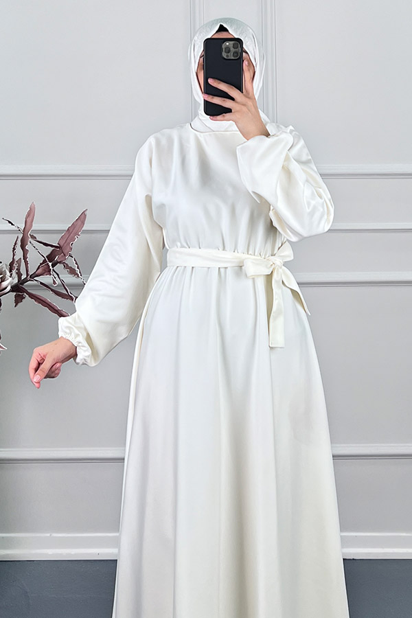 Kuşaklı Saten Elbise - Beyaz Kuşaklı Saten Elbise - Beyaz