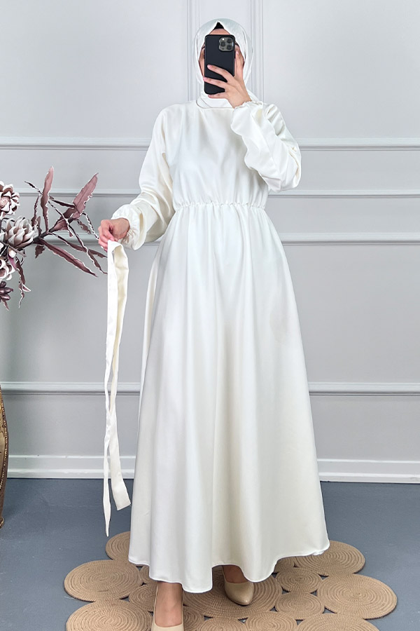 Kuşaklı Saten Elbise - Beyaz Kuşaklı Saten Elbise - Beyaz