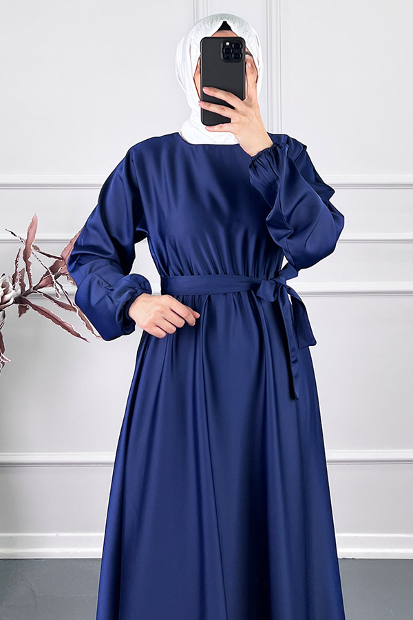 Kuşaklı Saten Elbise - Lacivert