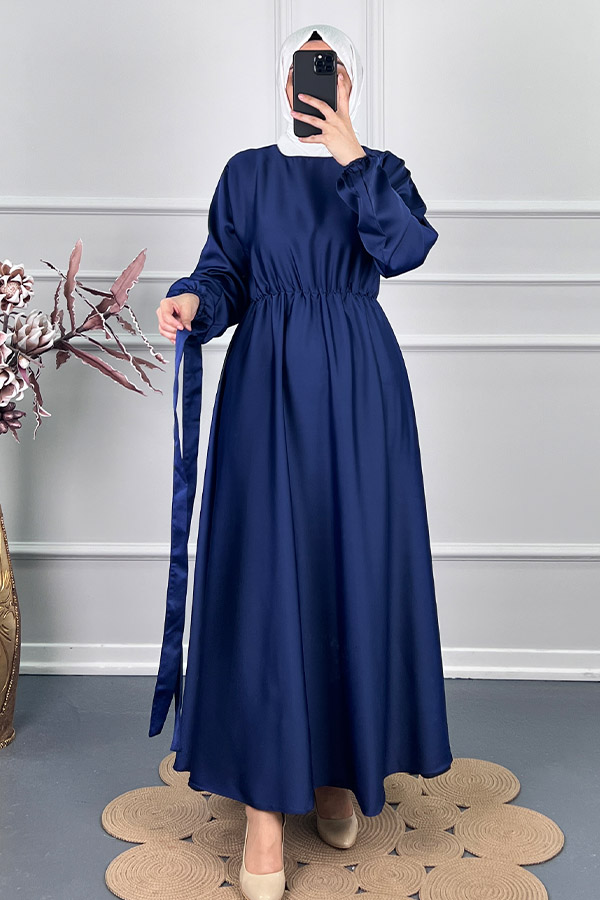 Kuşaklı Saten Elbise - Lacivert