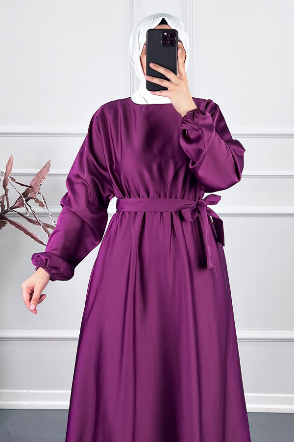 Kuşaklı Saten Elbise - Mor