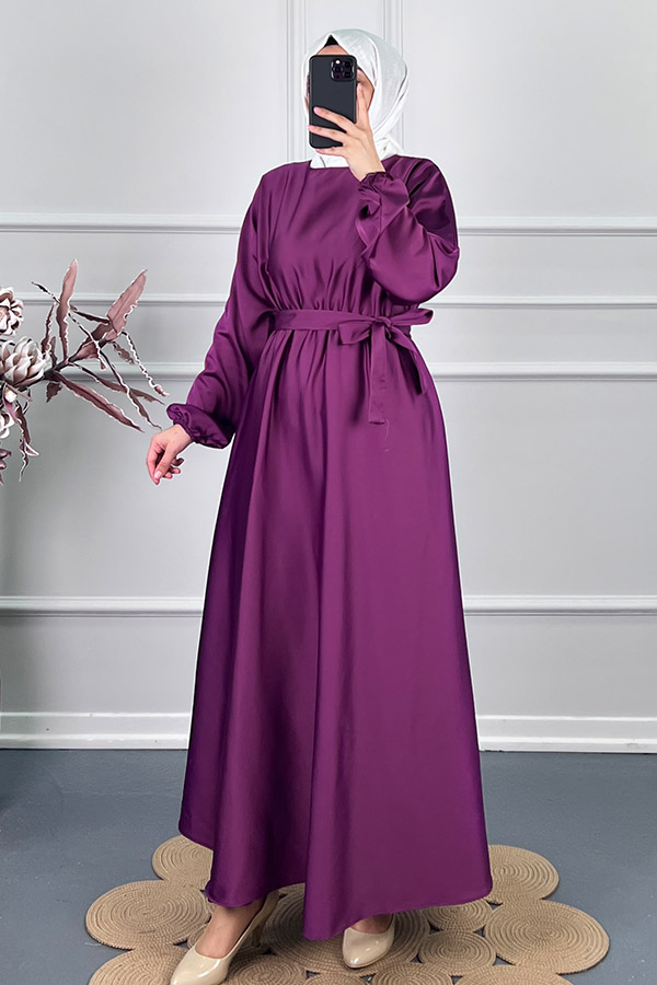 Kuşaklı Saten Elbise - Mor