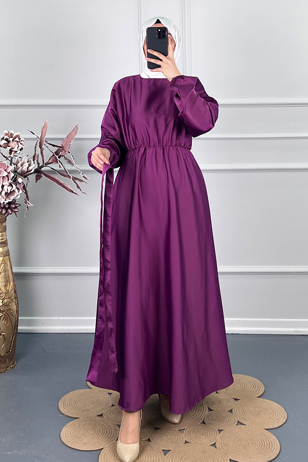 Kuşaklı Saten Elbise - Mor