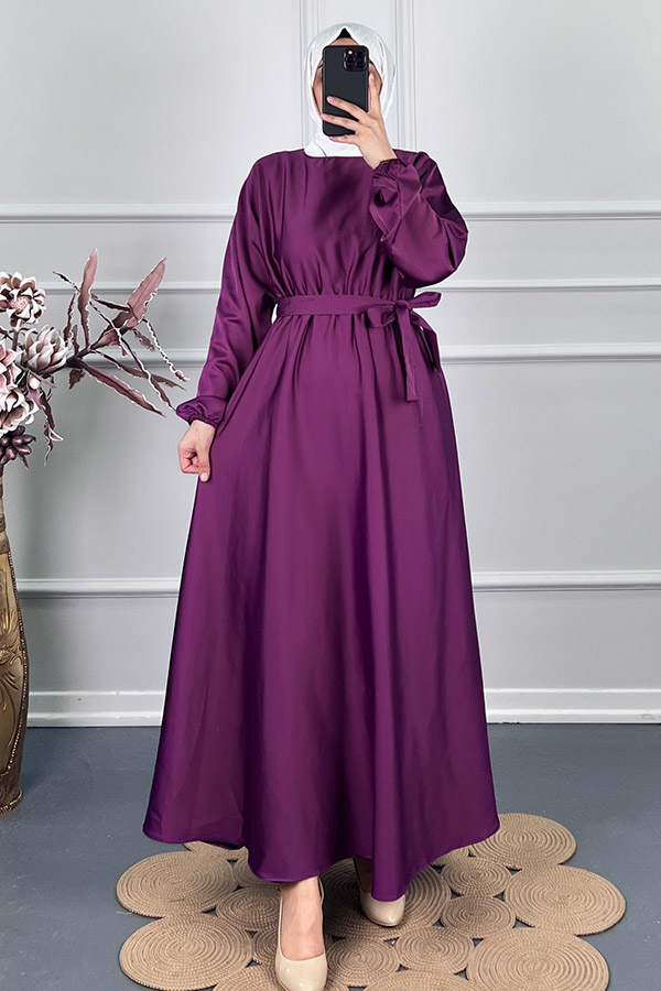 Kuşaklı Saten Elbise - Mor