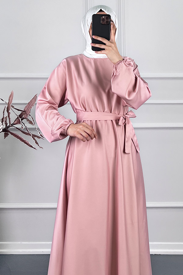 Kuşaklı Saten Elbise - Pudra