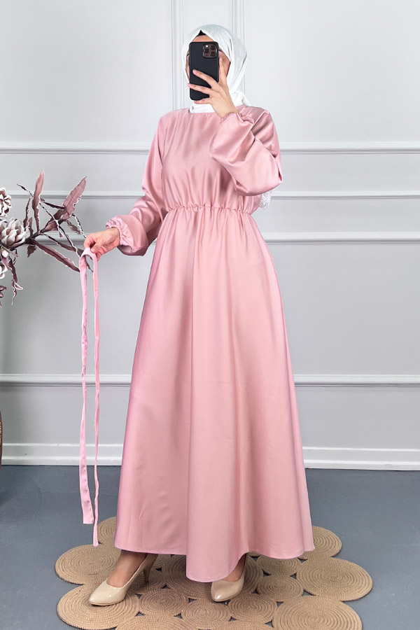 Kuşaklı Saten Elbise - Pudra