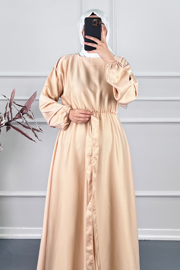 Kuşaklı Saten Elbise - Taş Kuşaklı Saten Elbise - Taş