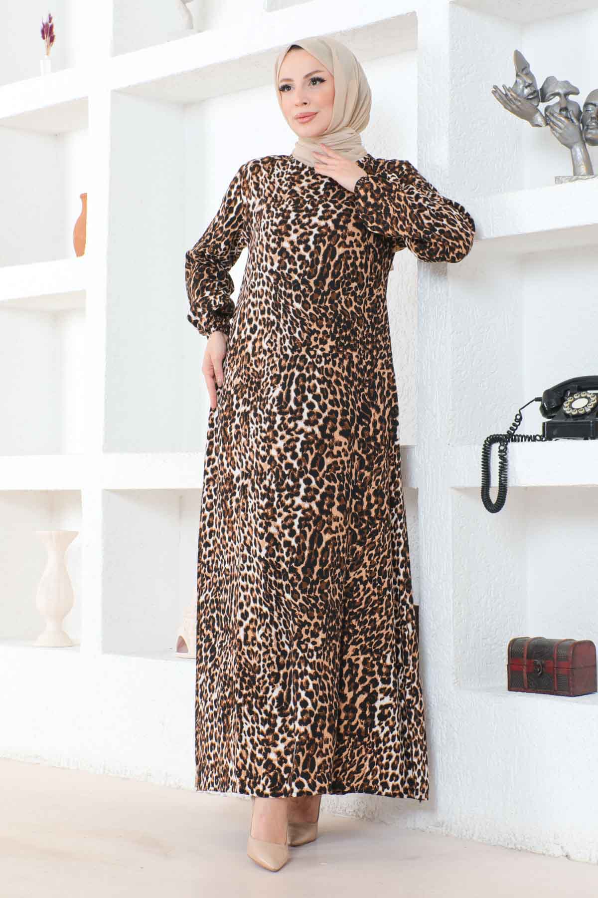 Leopar Desenli Viskon Elbise