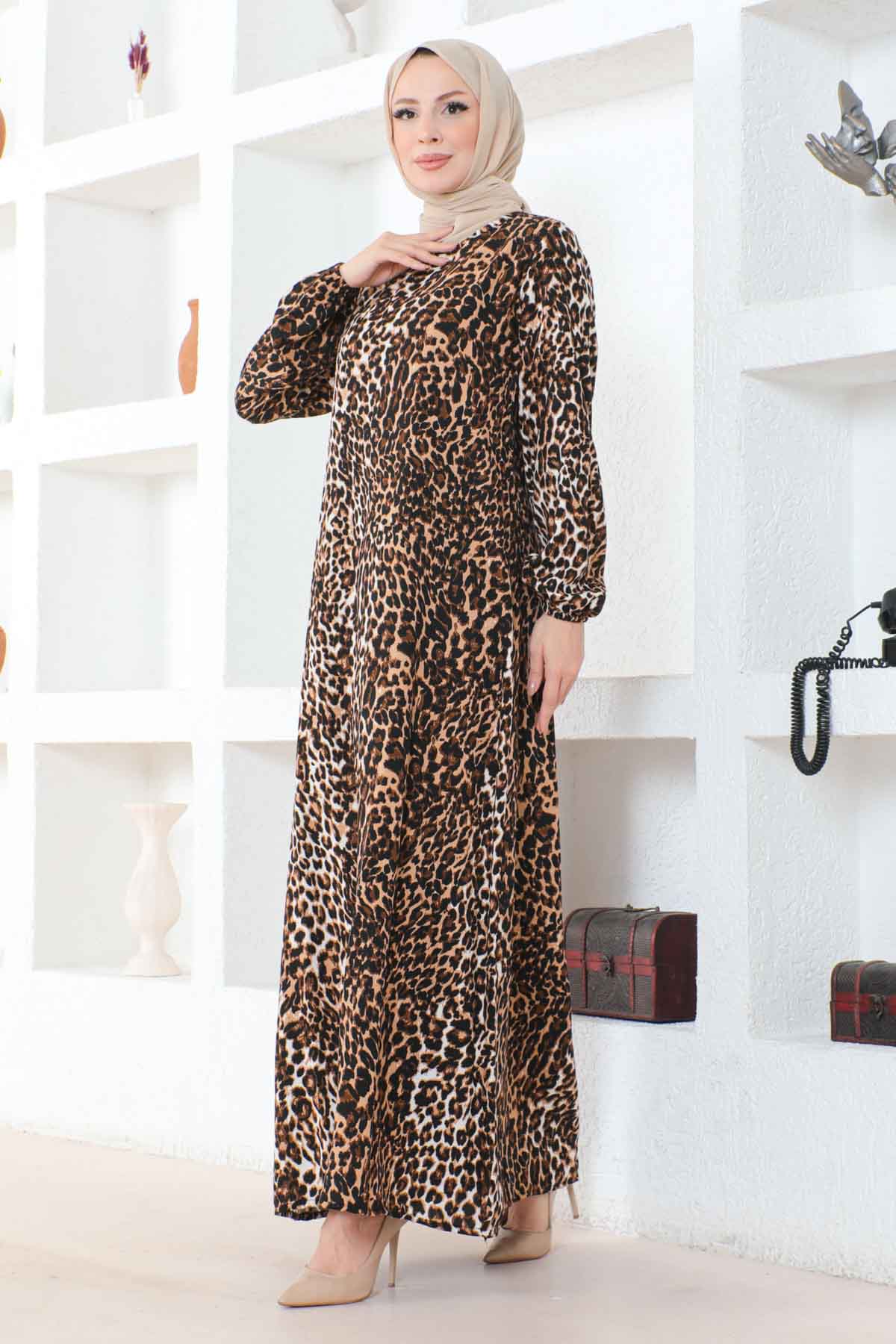 Leopar Desenli Viskon Elbise