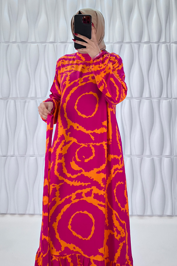 Mazi Desenli Pamuk Viskon Elbise - Nar Çiçeği