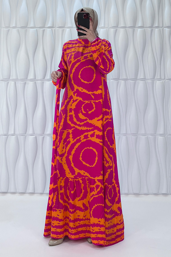 Mazi Desenli Pamuk Viskon Elbise - Nar Çiçeği