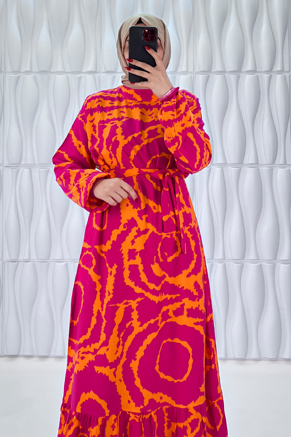 Mazi Desenli Pamuk Viskon Elbise - Nar Çiçeği