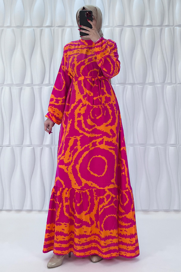 Mazi Desenli Pamuk Viskon Elbise - Nar Çiçeği