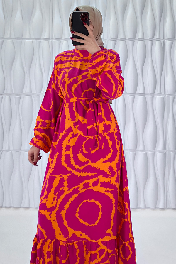 Mazi Desenli Pamuk Viskon Elbise - Nar Çiçeği