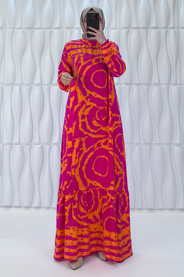 Mazi Desenli Pamuk Viskon Elbise - Nar Çiçeği