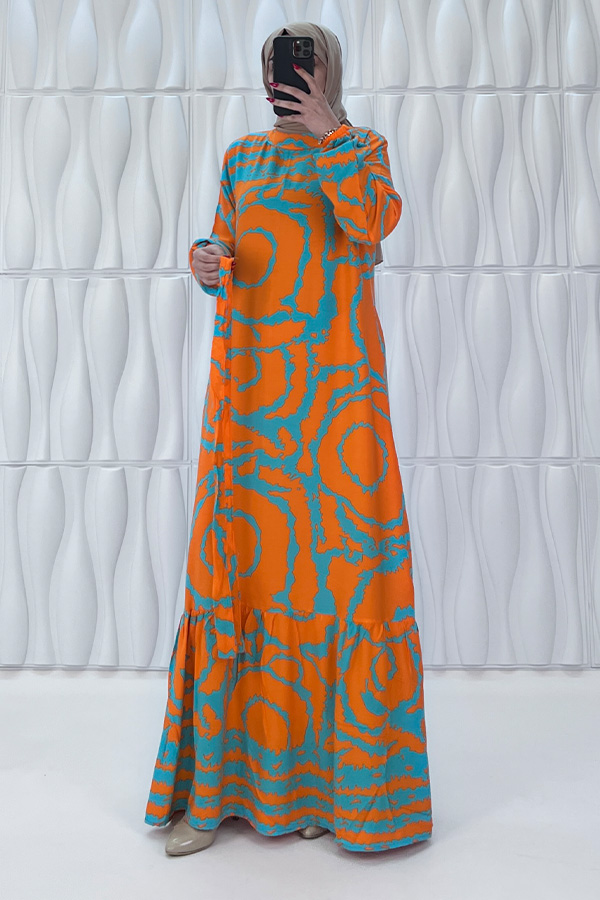 Mazi Desenli Pamuk Viskon Elbise - Turuncu