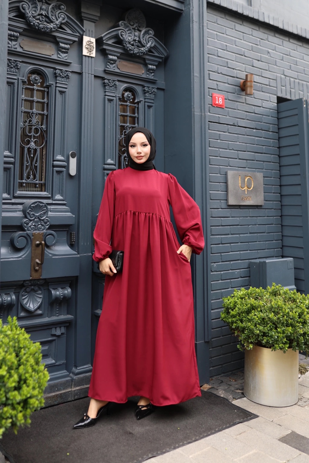 Medine İpeği Tesettür Elbise - Bordo
