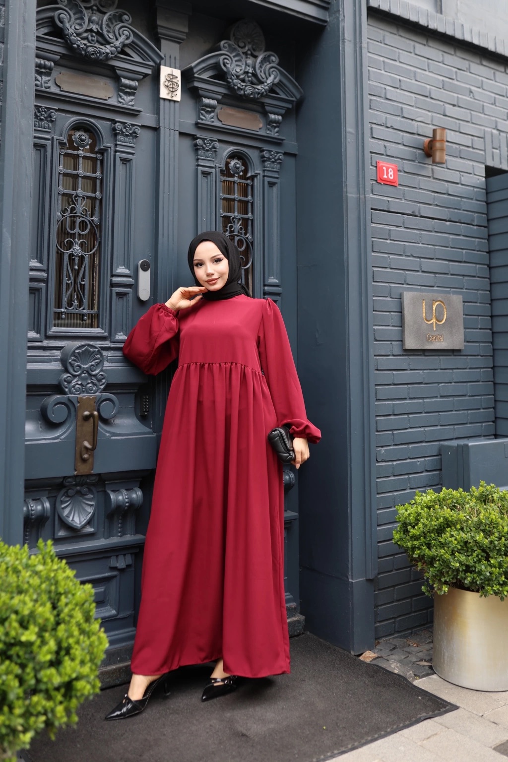 Medine İpeği Tesettür Elbise - Bordo