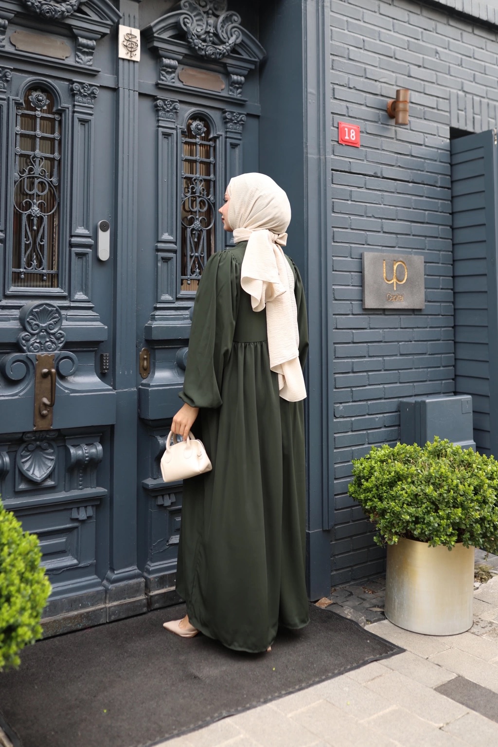 Medine İpeği Tesettür Elbise - Haki